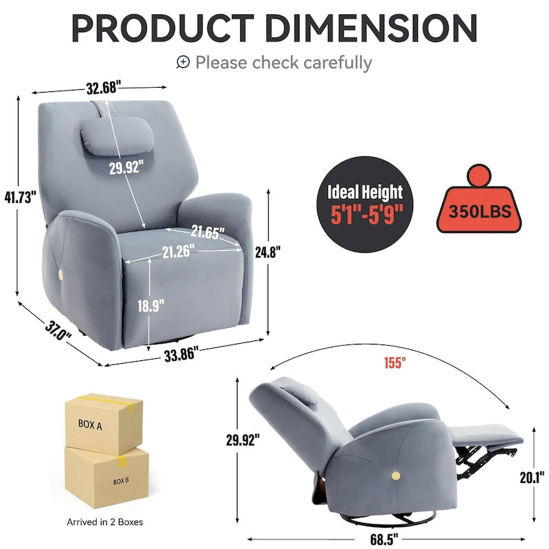 Swivel and Rocker Power Recliner Chair with Lumbar and Neck Support Pillow, Max Swivel Degree 270, USB and Type-C Ports