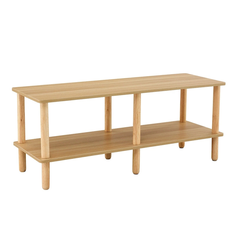 Modern 2-Tier TV Stand with Open Storage Shelf & Rubberwood Legs