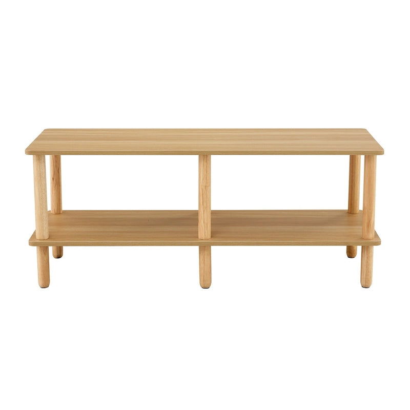 Modern 2-Tier TV Stand with Open Storage Shelf & Rubberwood Legs