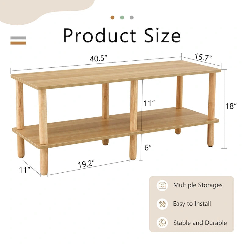 Modern 2-Tier TV Stand with Open Storage Shelf & Rubberwood Legs