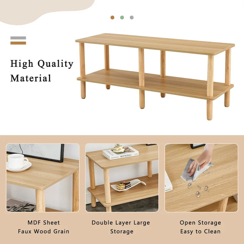 Modern 2-Tier TV Stand with Open Storage Shelf & Rubberwood Legs