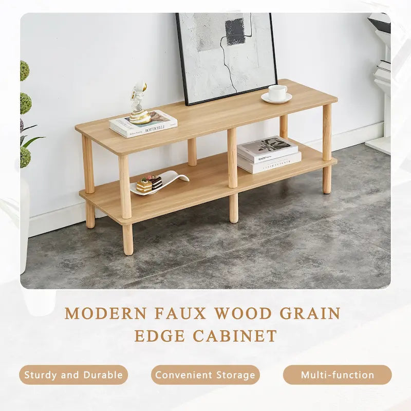 Modern 2-Tier TV Stand with Open Storage Shelf & Rubberwood Legs