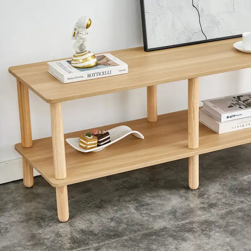 Modern 2-Tier TV Stand with Open Storage Shelf & Rubberwood Legs