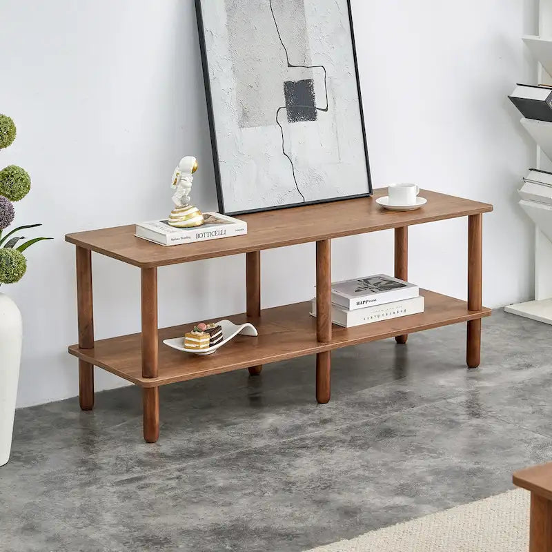 Modern 2-Tier TV Stand with Open Storage Shelf & Rubberwood Legs