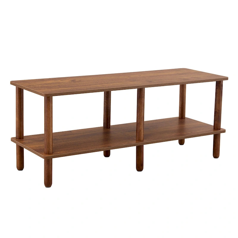 Modern 2-Tier TV Stand with Open Storage Shelf & Rubberwood Legs