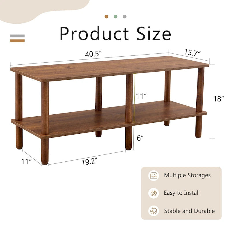 Modern 2-Tier TV Stand with Open Storage Shelf & Rubberwood Legs