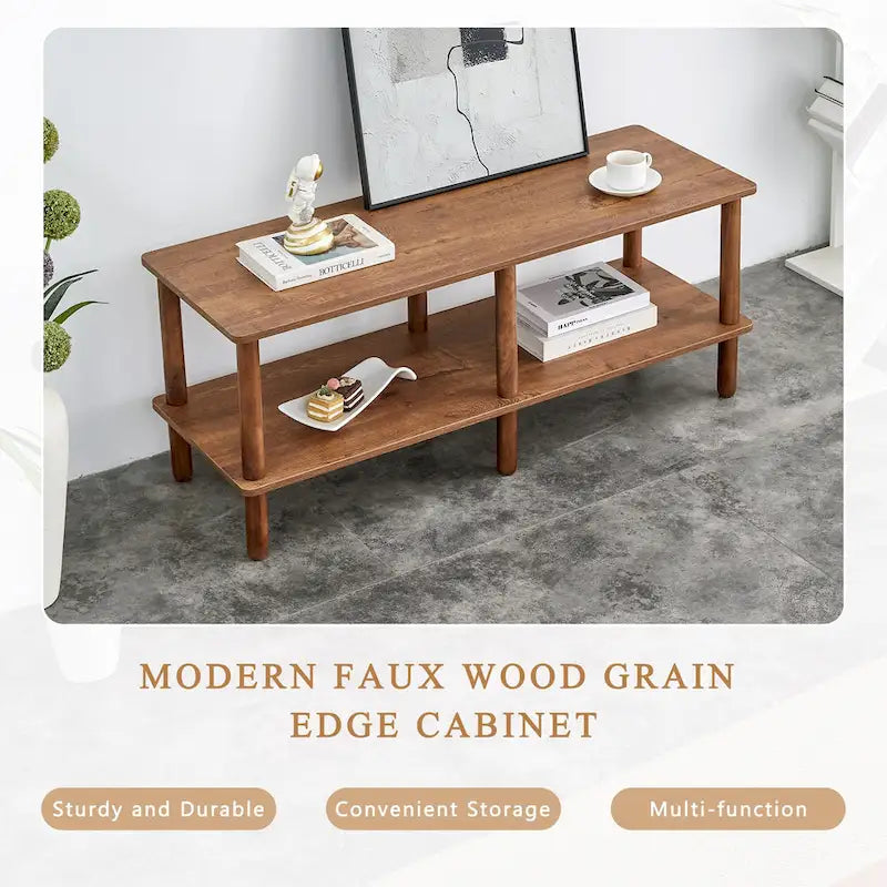 Modern 2-Tier TV Stand with Open Storage Shelf & Rubberwood Legs