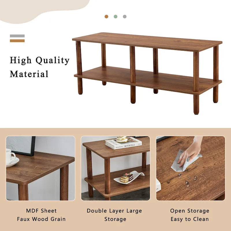 Modern 2-Tier TV Stand with Open Storage Shelf & Rubberwood Legs
