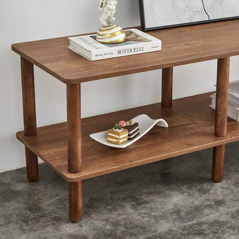 Modern 2-Tier TV Stand with Open Storage Shelf & Rubberwood Legs