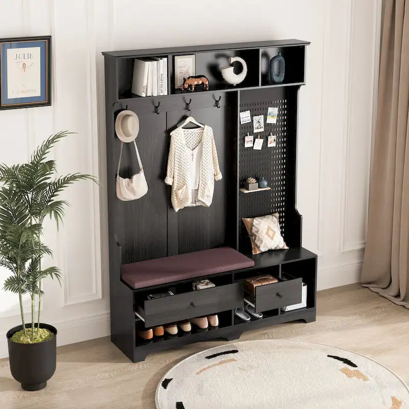 Multi-purpose Hallway Hall Tree with Removable Linen Cushioned Entryway Bench, Coat Rack, Storage Shelves, and DIY Pegboard