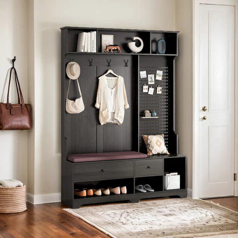 Multi-purpose Hallway Hall Tree with Removable Linen Cushioned Entryway Bench, Coat Rack, Storage Shelves, and DIY Pegboard