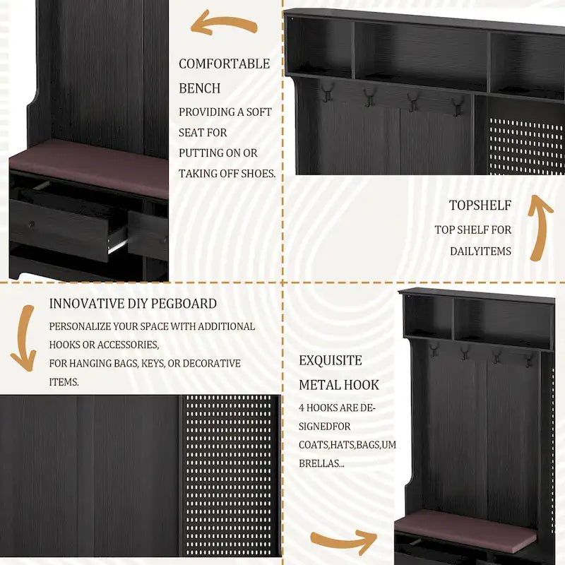 Multi-purpose Hallway Hall Tree with Removable Linen Cushioned Entryway Bench, Coat Rack, Storage Shelves, and DIY Pegboard