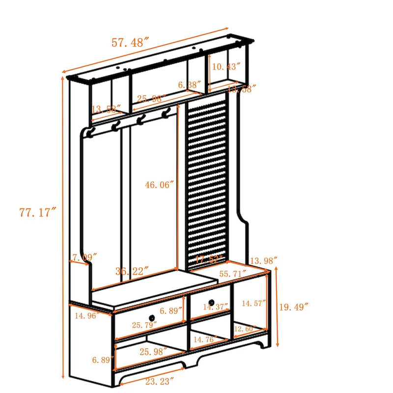 Multi-purpose Hallway Hall Tree with Removable Linen Cushioned Entryway Bench, Coat Rack, Storage Shelves, and DIY Pegboard
