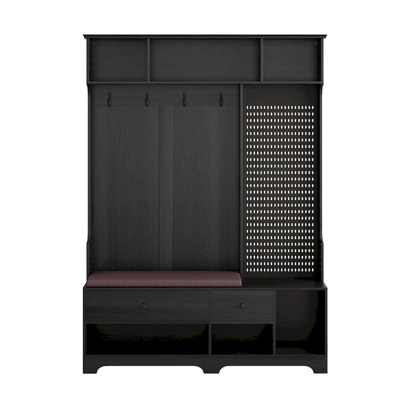 Multi-purpose Hallway Hall Tree with Removable Linen Cushioned Entryway Bench, Coat Rack, Storage Shelves, and DIY Pegboard