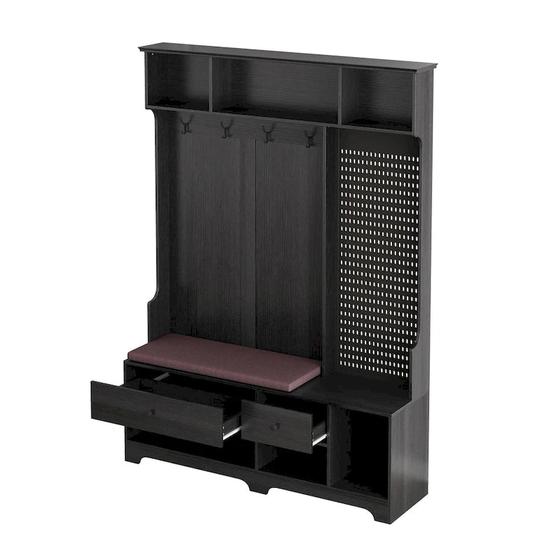 Multi-purpose Hallway Hall Tree with Removable Linen Cushioned Entryway Bench, Coat Rack, Storage Shelves, and DIY Pegboard