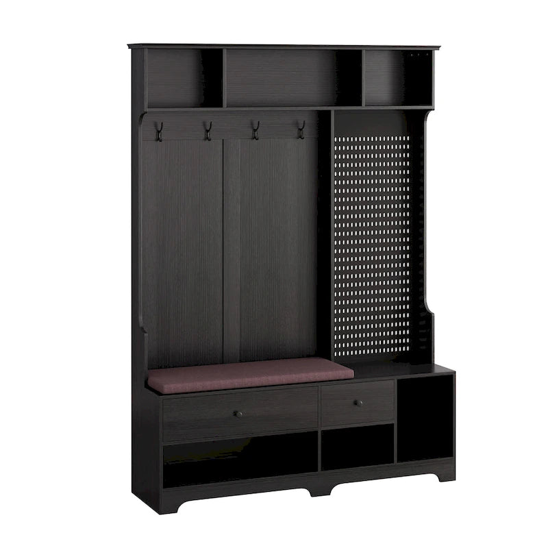 Multi-purpose Hallway Hall Tree with Removable Linen Cushioned Entryway Bench, Coat Rack, Storage Shelves, and DIY Pegboard