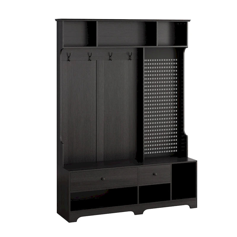 Multi-purpose Hallway Hall Tree with Removable Linen Cushioned Entryway Bench, Coat Rack, Storage Shelves, and DIY Pegboard