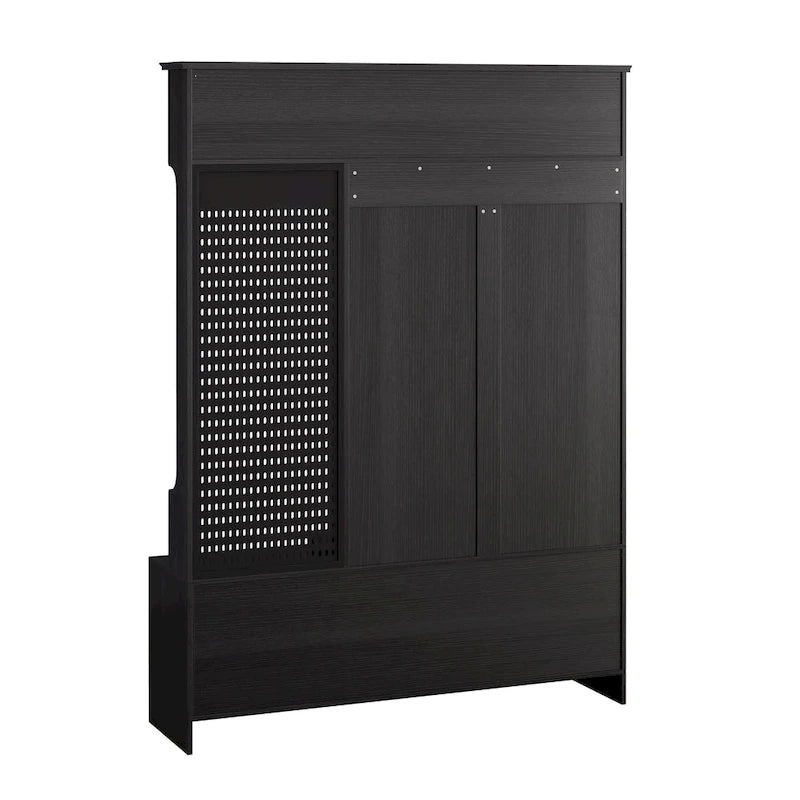 Multi-purpose Hallway Hall Tree with Removable Linen Cushioned Entryway Bench, Coat Rack, Storage Shelves, and DIY Pegboard