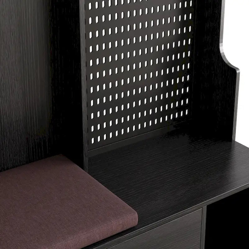 Multi-purpose Hallway Hall Tree with Removable Linen Cushioned Entryway Bench, Coat Rack, Storage Shelves, and DIY Pegboard