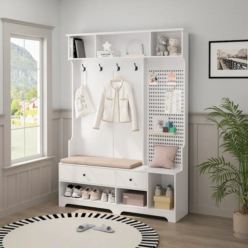 Multi-purpose Hallway Hall Tree with Removable Linen Cushioned Entryway Bench, Coat Rack, Storage Shelves, and DIY Pegboard
