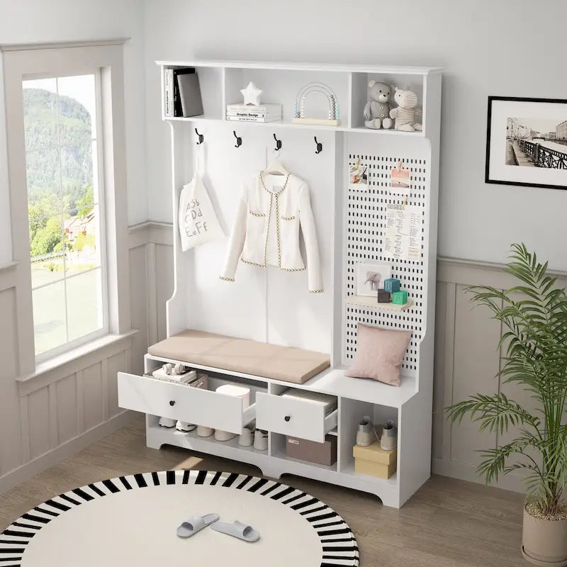 Multi-purpose Hallway Hall Tree with Removable Linen Cushioned Entryway Bench, Coat Rack, Storage Shelves, and DIY Pegboard