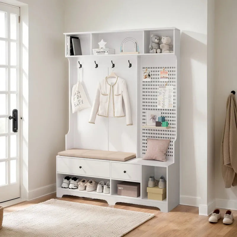 Multi-purpose Hallway Hall Tree with Removable Linen Cushioned Entryway Bench, Coat Rack, Storage Shelves, and DIY Pegboard