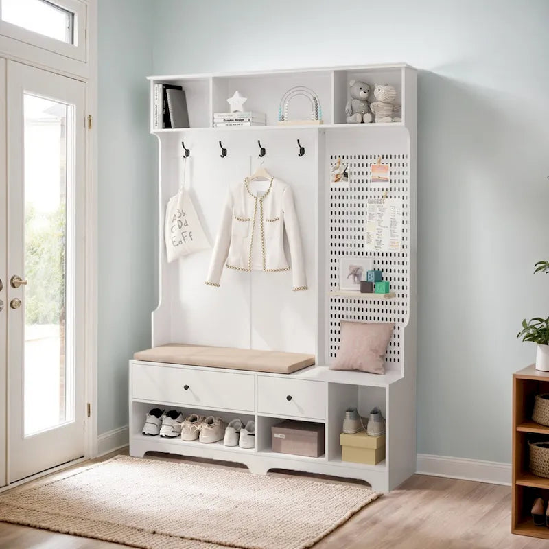 Multi-purpose Hallway Hall Tree with Removable Linen Cushioned Entryway Bench, Coat Rack, Storage Shelves, and DIY Pegboard