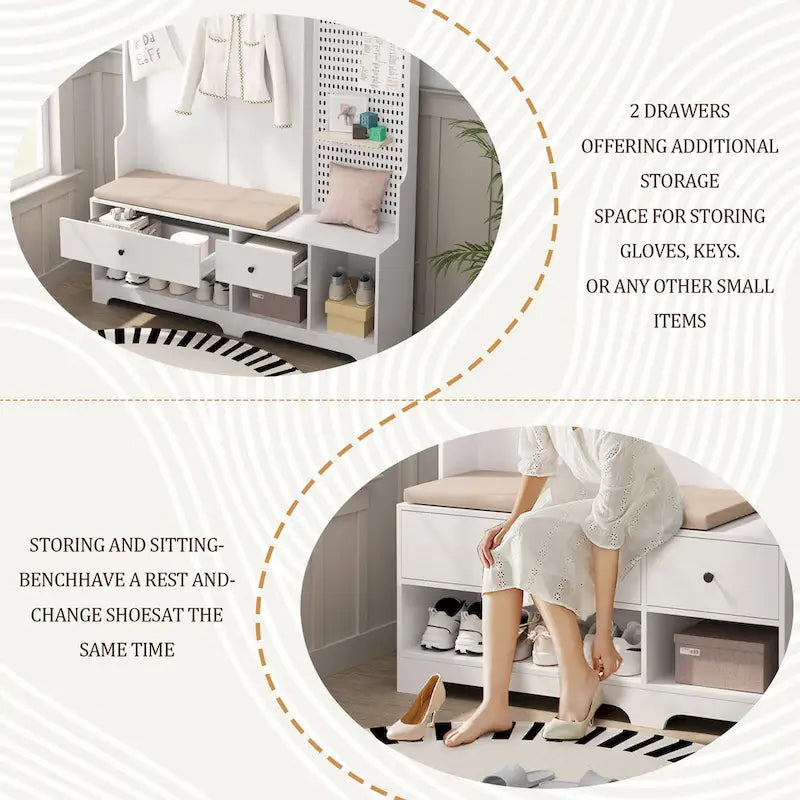 Multi-purpose Hallway Hall Tree with Removable Linen Cushioned Entryway Bench, Coat Rack, Storage Shelves, and DIY Pegboard