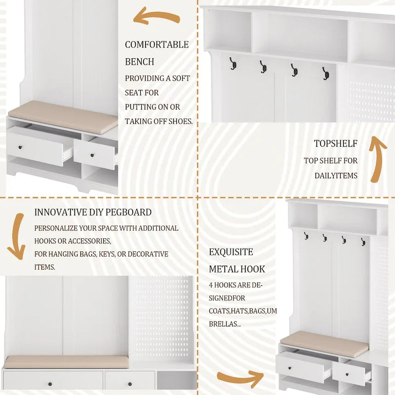 Multi-purpose Hallway Hall Tree with Removable Linen Cushioned Entryway Bench, Coat Rack, Storage Shelves, and DIY Pegboard