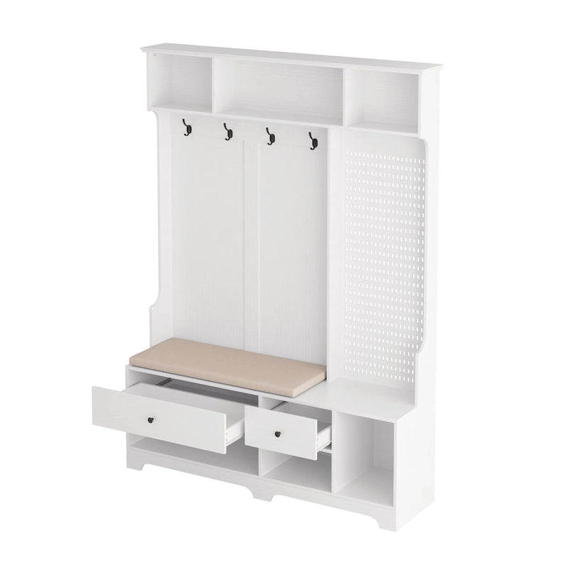 Multi-purpose Hallway Hall Tree with Removable Linen Cushioned Entryway Bench, Coat Rack, Storage Shelves, and DIY Pegboard