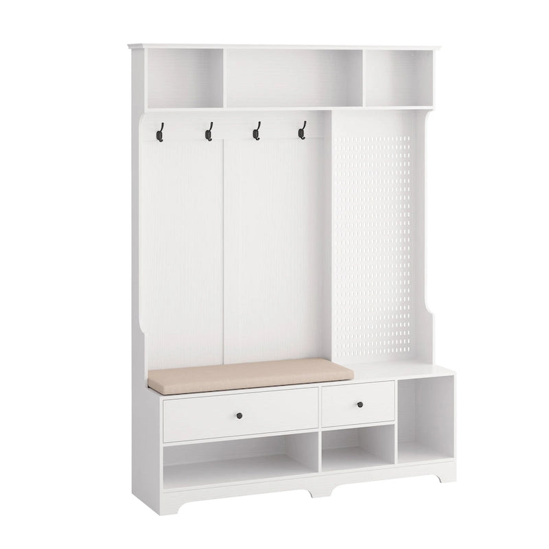 Multi-purpose Hallway Hall Tree with Removable Linen Cushioned Entryway Bench, Coat Rack, Storage Shelves, and DIY Pegboard