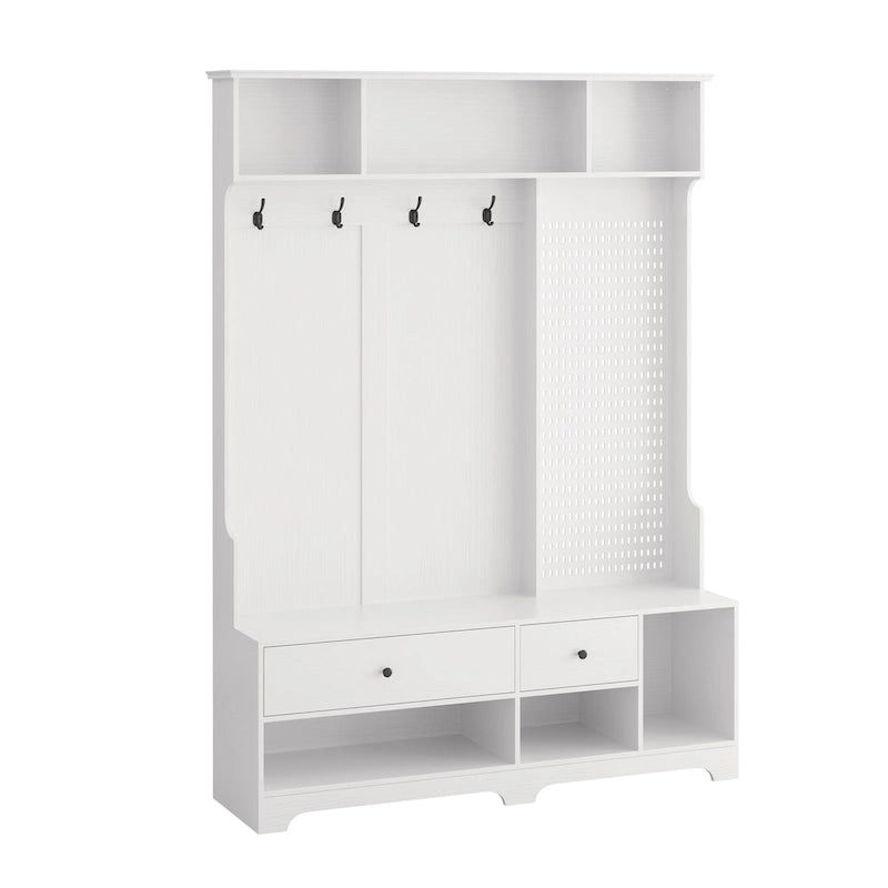 Multi-purpose Hallway Hall Tree with Removable Linen Cushioned Entryway Bench, Coat Rack, Storage Shelves, and DIY Pegboard