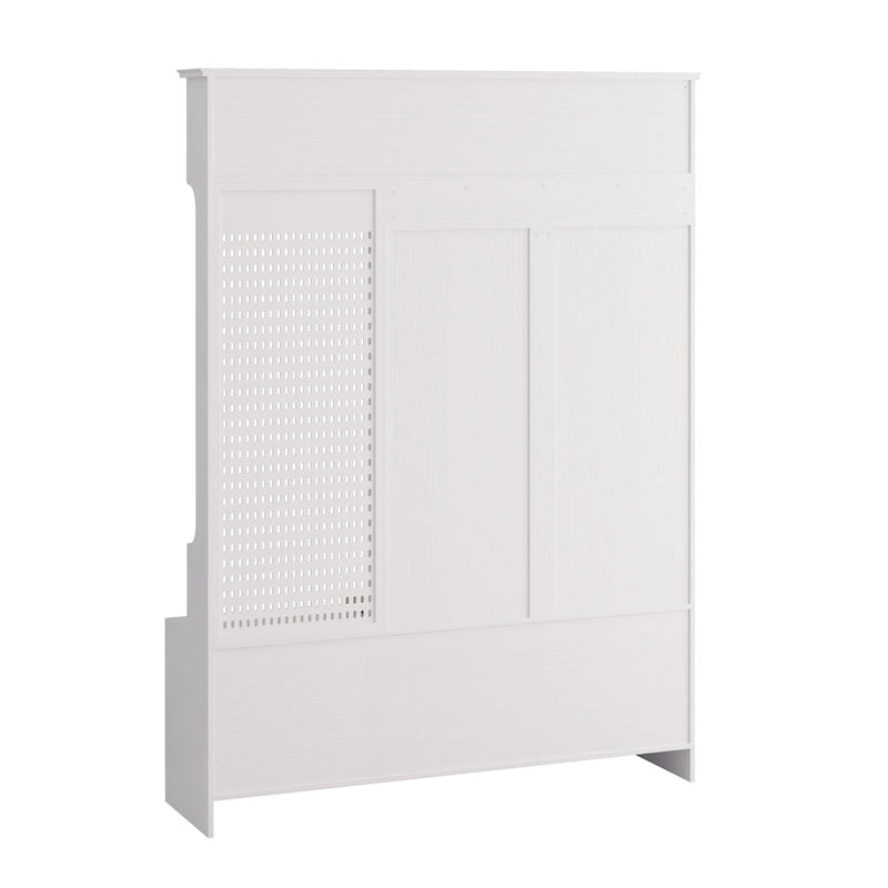 Multi-purpose Hallway Hall Tree with Removable Linen Cushioned Entryway Bench, Coat Rack, Storage Shelves, and DIY Pegboard