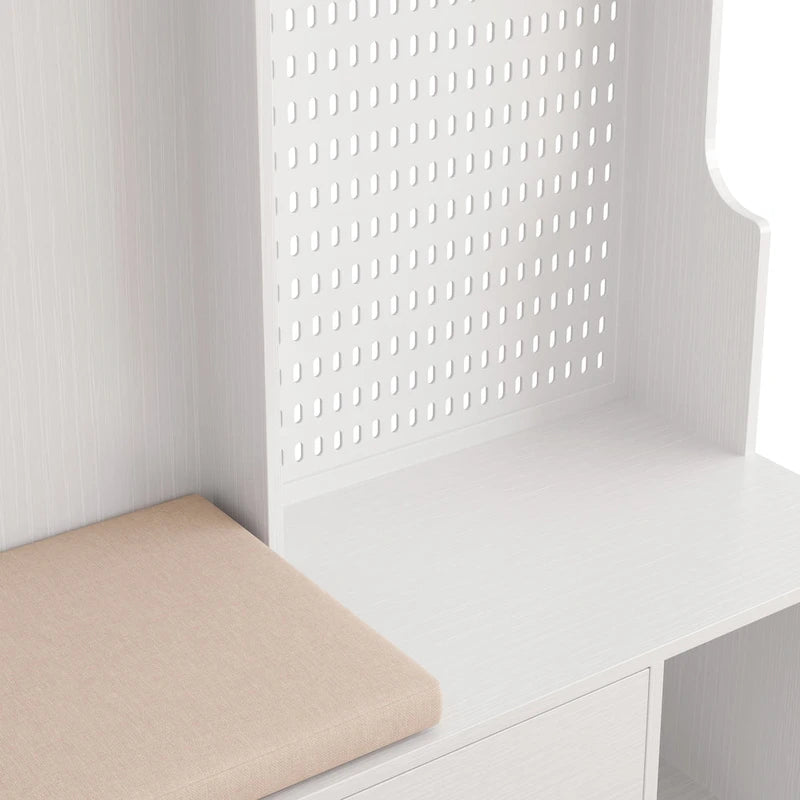 Multi-purpose Hallway Hall Tree with Removable Linen Cushioned Entryway Bench, Coat Rack, Storage Shelves, and DIY Pegboard