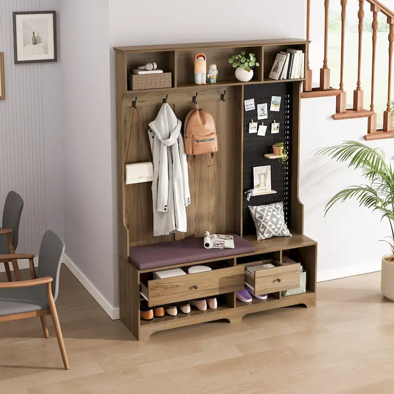 Multi-purpose Hallway Hall Tree with Removable Linen Cushioned Entryway Bench, Coat Rack, Storage Shelves, and DIY Pegboard