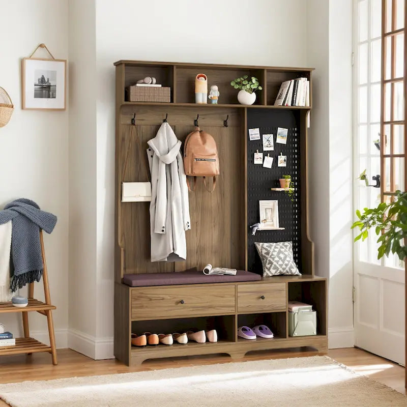 Multi-purpose Hallway Hall Tree with Removable Linen Cushioned Entryway Bench, Coat Rack, Storage Shelves, and DIY Pegboard