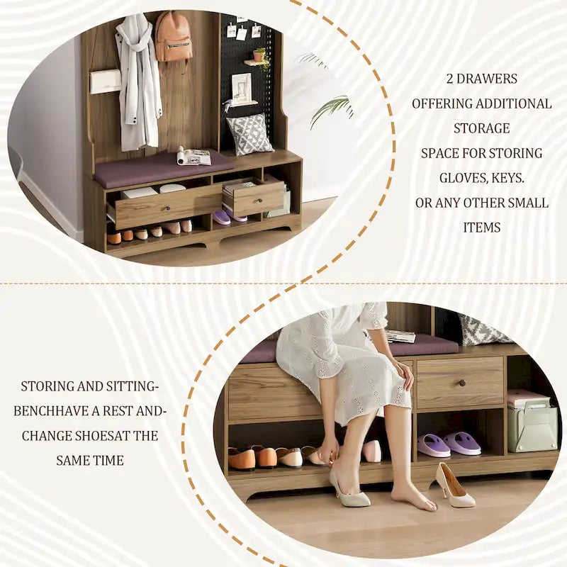 Multi-purpose Hallway Hall Tree with Removable Linen Cushioned Entryway Bench, Coat Rack, Storage Shelves, and DIY Pegboard