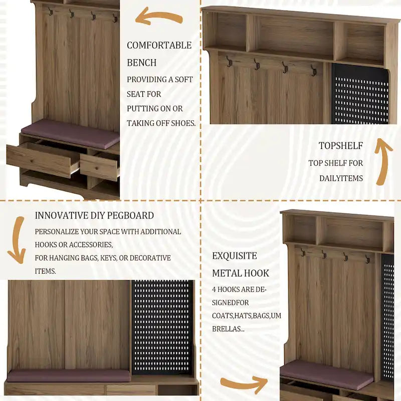 Multi-purpose Hallway Hall Tree with Removable Linen Cushioned Entryway Bench, Coat Rack, Storage Shelves, and DIY Pegboard