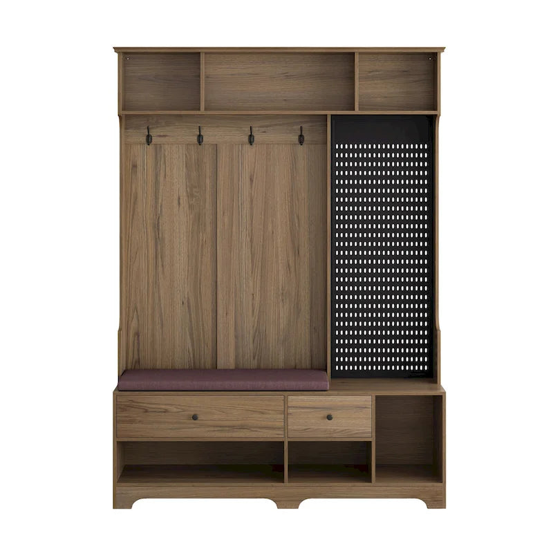 Multi-purpose Hallway Hall Tree with Removable Linen Cushioned Entryway Bench, Coat Rack, Storage Shelves, and DIY Pegboard