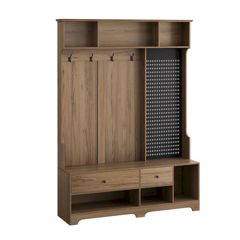 Multi-purpose Hallway Hall Tree with Removable Linen Cushioned Entryway Bench, Coat Rack, Storage Shelves, and DIY Pegboard
