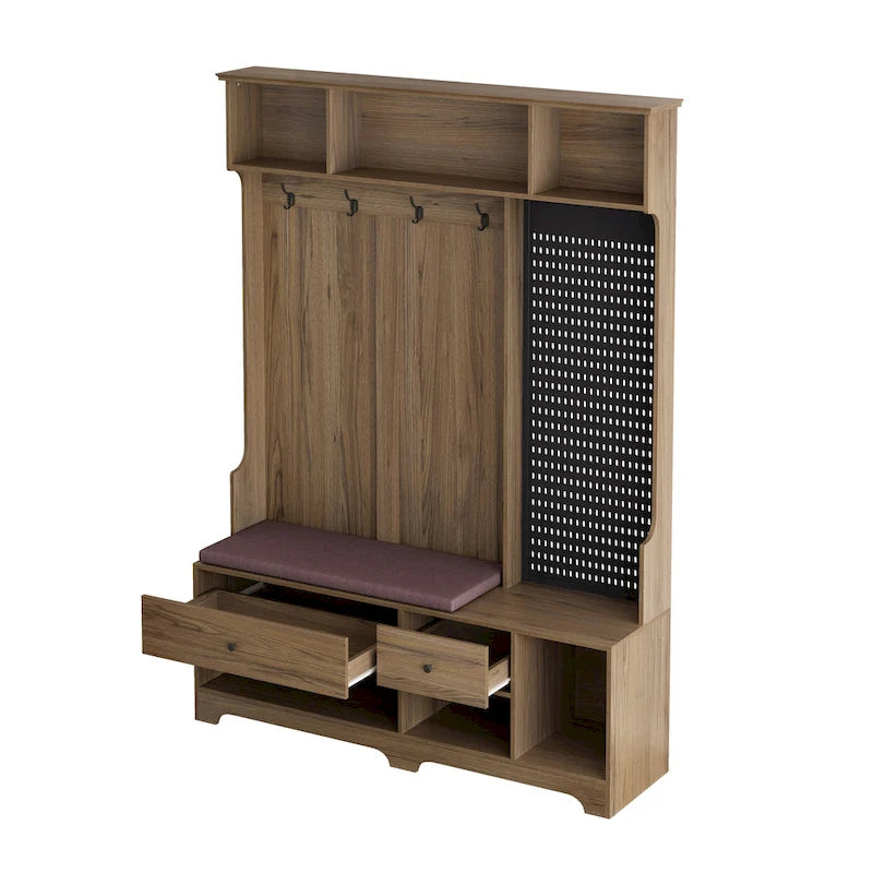 Multi-purpose Hallway Hall Tree with Removable Linen Cushioned Entryway Bench, Coat Rack, Storage Shelves, and DIY Pegboard
