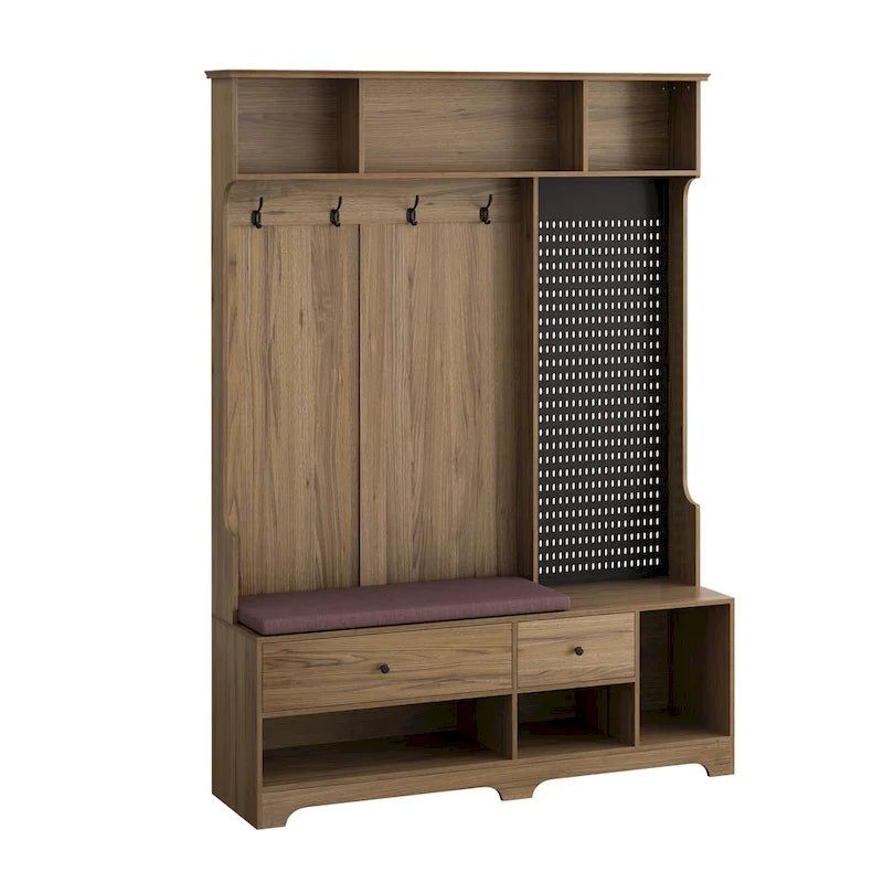 Multi-purpose Hallway Hall Tree with Removable Linen Cushioned Entryway Bench, Coat Rack, Storage Shelves, and DIY Pegboard