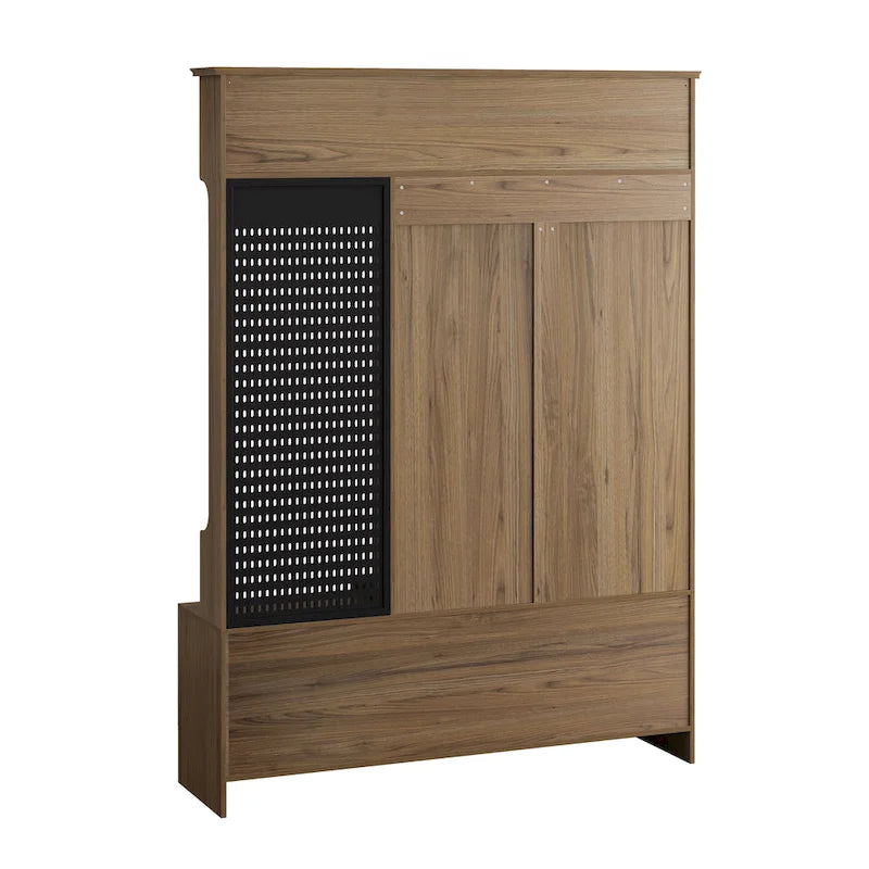 Multi-purpose Hallway Hall Tree with Removable Linen Cushioned Entryway Bench, Coat Rack, Storage Shelves, and DIY Pegboard
