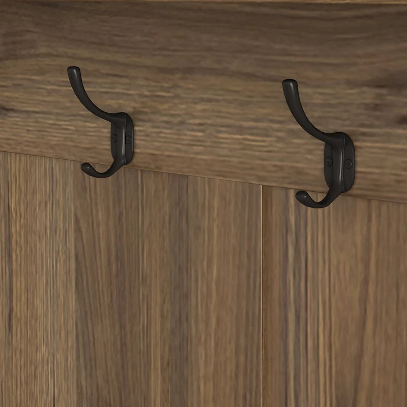 Multi-purpose Hallway Hall Tree with Removable Linen Cushioned Entryway Bench, Coat Rack, Storage Shelves, and DIY Pegboard