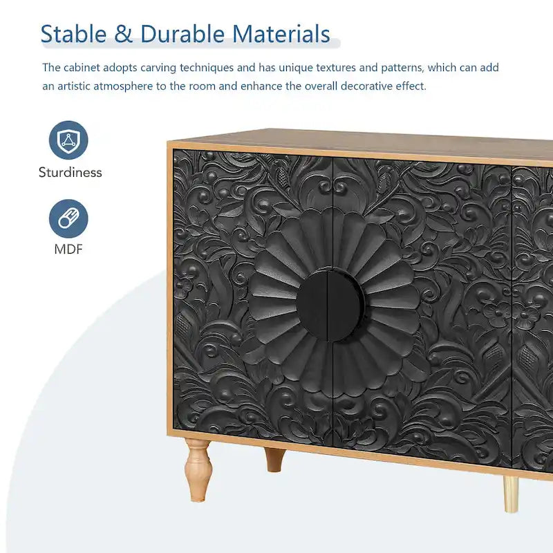 Lily Carved Flower Door Large Storage Sideboard Cabinet with Shelves by GDFStudio