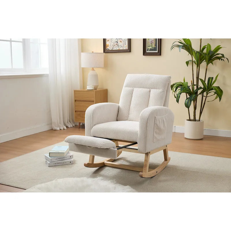Accent Rocking Chair with Solid Wood Legs, Upholstered Nursery Glider Rocker, Comfy Armchair with Side Pocket