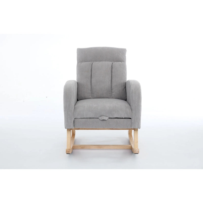 Accent Rocking Chair with Solid Wood Legs, Upholstered Nursery Glider Rocker, Comfy Armchair with Side Pocket