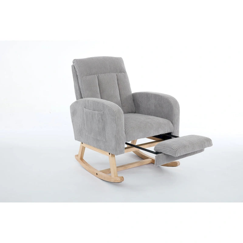 Accent Rocking Chair with Solid Wood Legs, Upholstered Nursery Glider Rocker, Comfy Armchair with Side Pocket