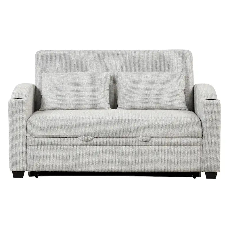 Chenille Convertible Loveseat Sofa Bed with Adjustable Backrest, USB Ports, and Cup Holders
