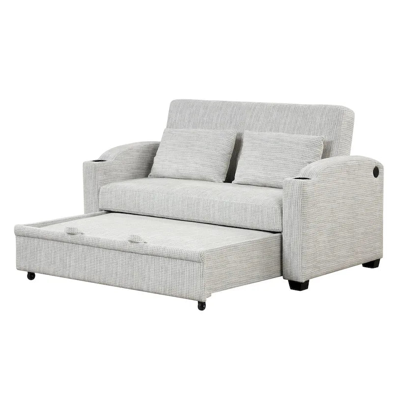 Chenille Convertible Loveseat Sofa Bed with Adjustable Backrest, USB Ports, and Cup Holders